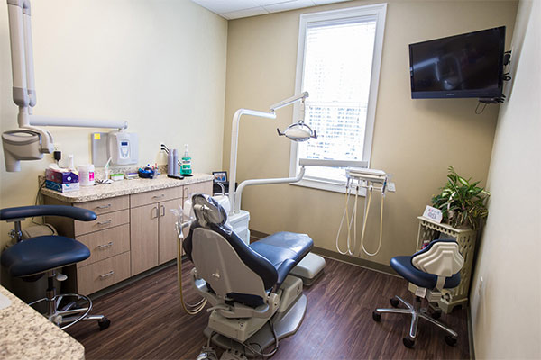 Dental exam chair in exam room at Masci, Hale & Wilson Advanced Aesthetic and Restorative Dentistry in Montgomery, NY