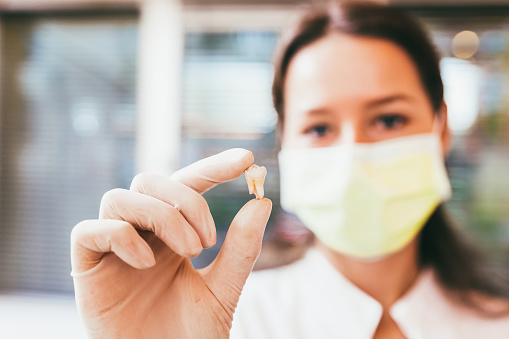 Woman with face mask holding up a single tooth